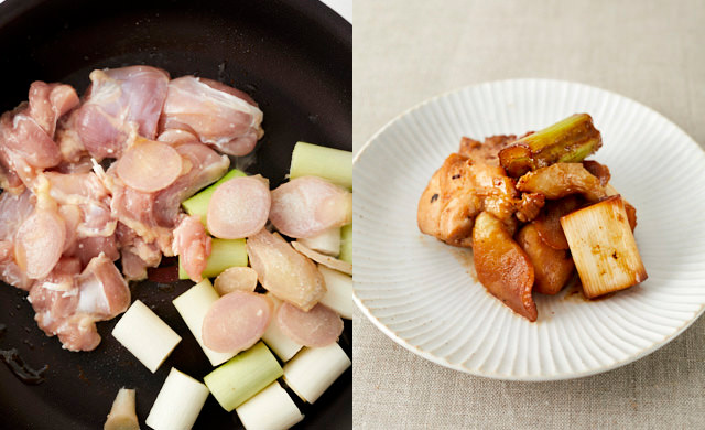 輪切りの冷凍新生姜を炒めているところ、出来上がりの写真