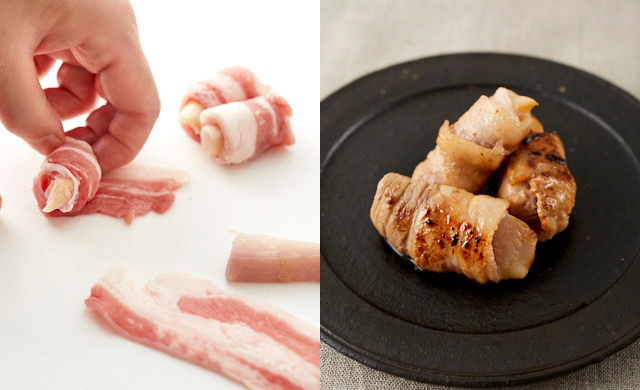 冷凍スティック状新生姜に豚肉を巻いているところと完成写真