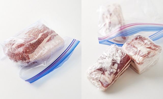 豚かたまり肉を冷凍用保存袋に入れている写真