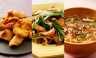 鶏皮のカレーせんべい、鶏皮のレバニラ炒め風、鶏皮の沢煮椀の写真