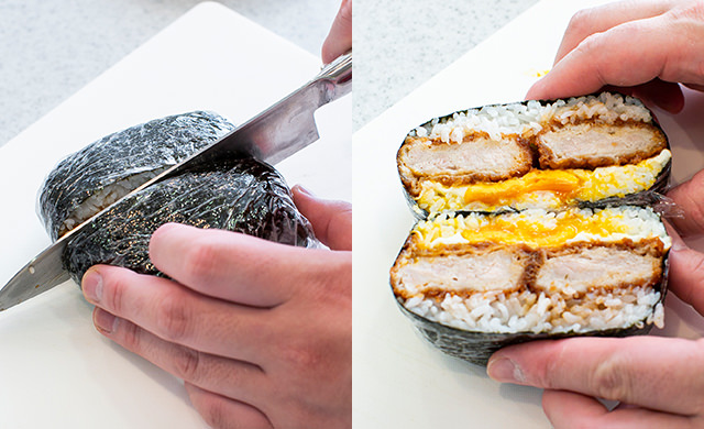 おにぎらずを半分に切っている様子/おにぎらずを半分に切って開いている様子