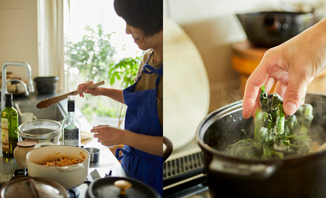 調理中のワタナベマキさん/冷凍野菜を使った調理シーン