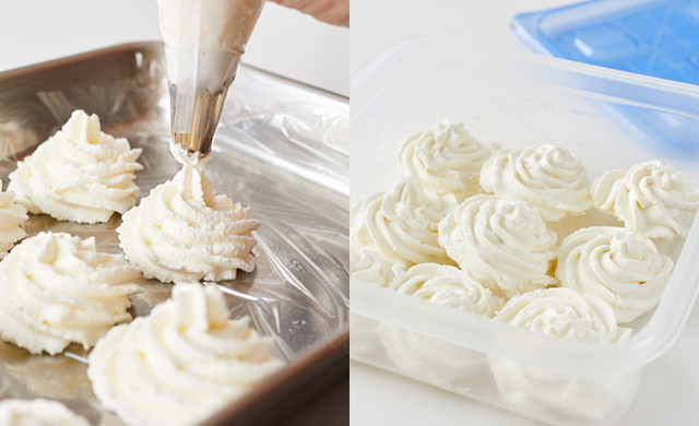 生クリームを絞り出している写真/凍った生クリームを保存容器に入れた写真