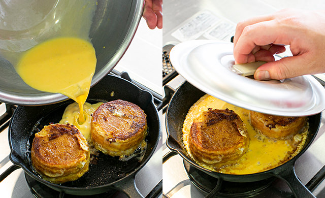 今川焼に卵液を足して焼いている様子/蓋をしている様子