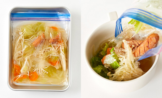 スープを冷凍用保存袋に入れている写真