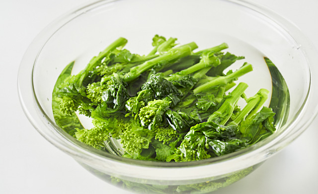 冷水に入れた菜の花の写真