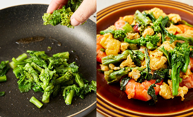 左に冷凍した生の菜を炒める写真、右に菜の花と卵と海老の炒めもの
