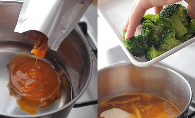 ピリ辛ユッケジャンスープを鍋に入れている写真/ブロッコリーを鍋に入れている写真