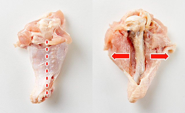 左に鶏手羽元、右に切り込みから肉を開いた鶏手羽元の写真