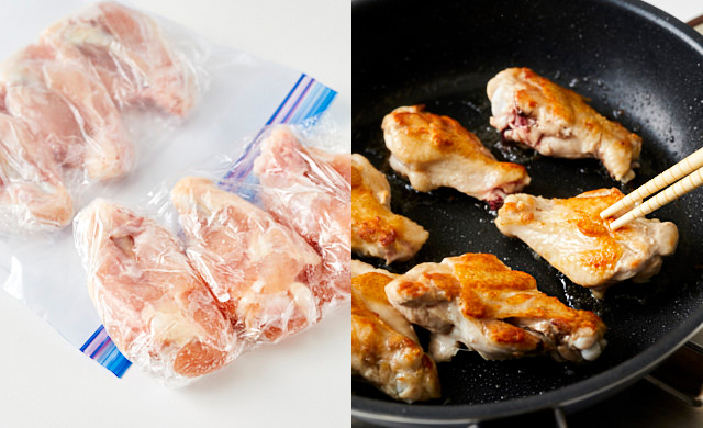 左に半解凍した冷凍鶏手羽元、右に焼いている鶏手羽元の写真
