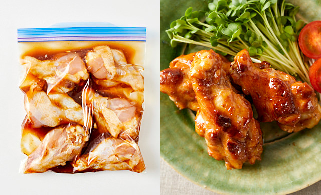 左に冷凍前のガーリック醤油味の鶏手羽元、右に鶏手羽元のソテーの写真