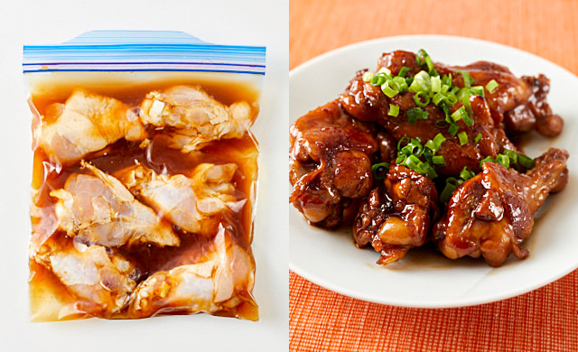 左に冷凍前のマイルド甘酢味の鶏手羽元、右に鶏手羽元の炒め煮の写真