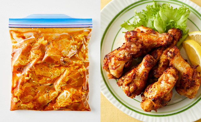 左に冷凍前のがっつりカレー味の鶏手羽元、右に鶏手羽元の揚げ焼きの写真