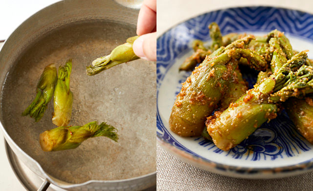 冷凍したタラの芽をゆでるところとタラの芽のごまあえの写真