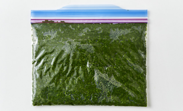 ペースト状になったよもぎを冷凍用保存袋に入れた写真