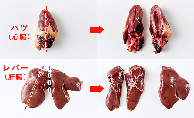 左上は丸ごとのハツ、右上は切ったハツ、左下は丸ごとのレバー、右下は切ったレバーの写真
