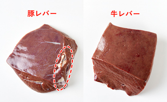 左は豚レバーのかたまり、右は牛レバーのかたまりの写真