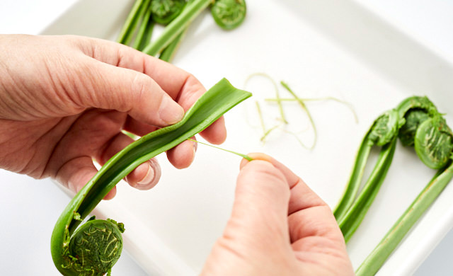 こごみの筋をとる写真