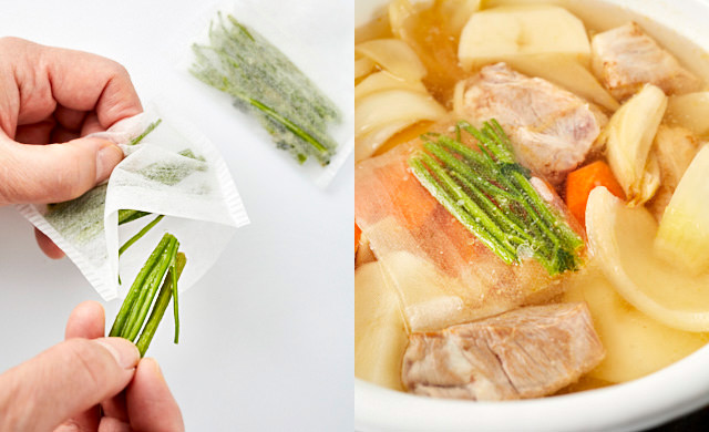 冷凍したパセリの茎をだしパックに入れる、カレーの具材にパセリの茎を加えて煮ている写真