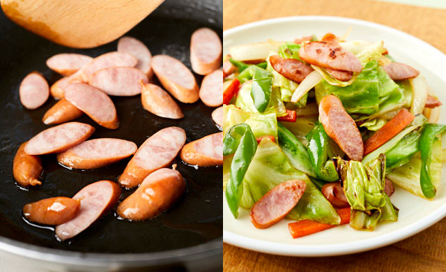 炒めている写真/炒め物を盛り付けた写真