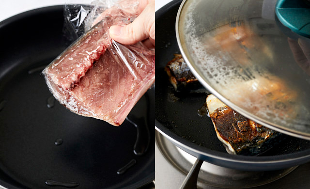 鯖をフライパンで焼いている写真