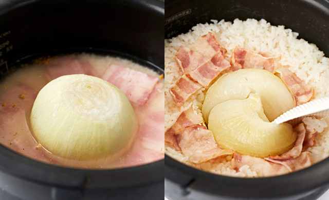 丸ごとで冷凍した新玉ねぎとベーコンを炊飯器に入れて炊いた写真