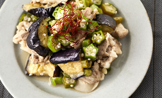 オクラとナスと豚肉のバターポン酢炒めの写真