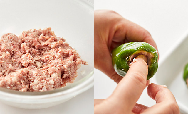 ボウルで混ぜ合わせた肉ダネ/ピーマンに肉ダネを詰めている様子