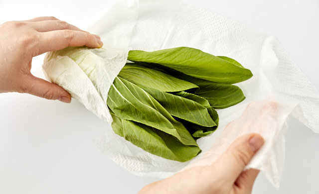 チンゲン菜をキッチンペーパーで包んでいる写真