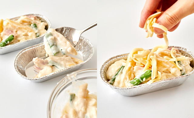 アルミカップにグラタンを入れている写真