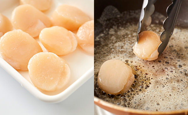 半解凍にした冷凍ホタテの写真/フライパンに加えている写真