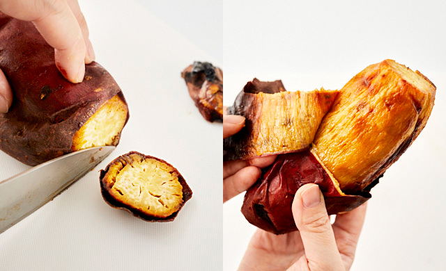 焼き芋の皮をむいている写真