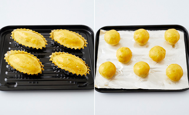 天板に並べたスイートポテトの写真