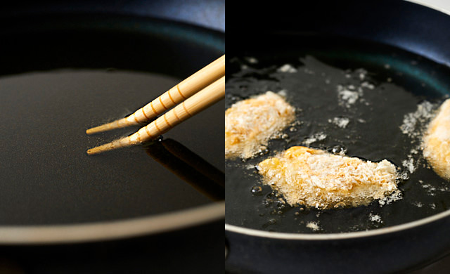 冷凍牡蠣フライを揚げている写真