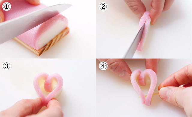 かまぼこをカットしてパスタをさすところ