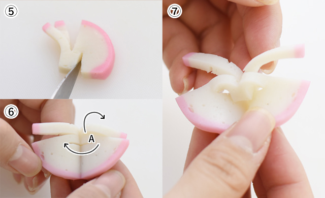 かまぼこを開いてちょうちょ型にしているところ