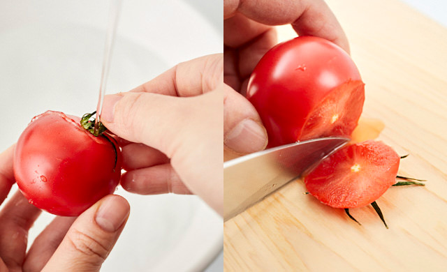 トマトのヘタを切り落としている写真