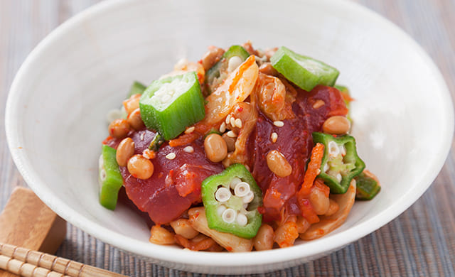 きざみオクラ納豆とまぐろのキムチ和え