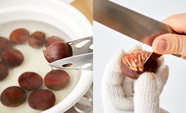 栗の鬼皮をむいている写真