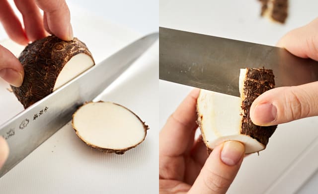 里芋の皮をむいている写真