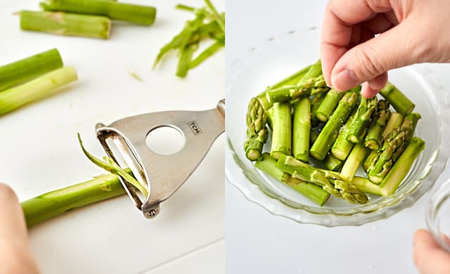 アスパラの皮をむいている写真