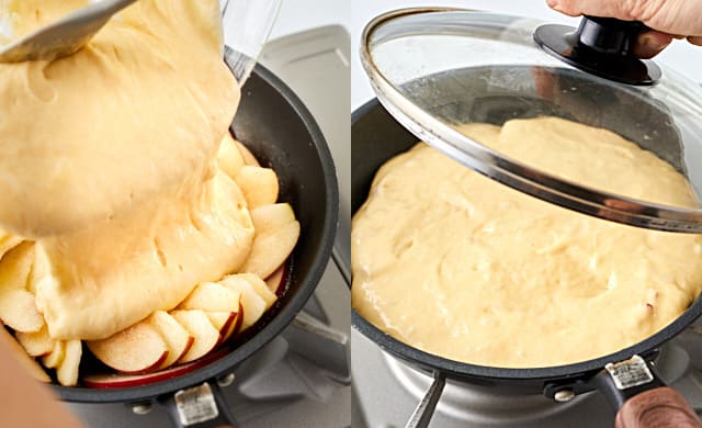 ふたをしてりんごケーキを焼いている写真