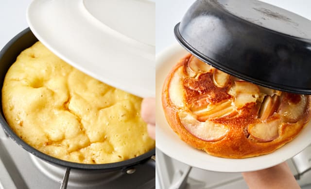 フライパンに皿をかぶせ、ひっくり返している写真