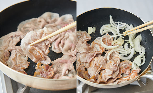 豚肉・玉ねぎ・にんにくを焼いている写真