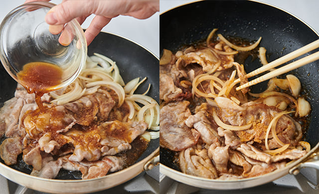 生姜焼きを炒めている写真