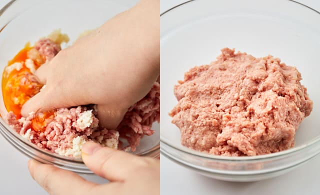 ハンバーグの肉ダネをこねている写真